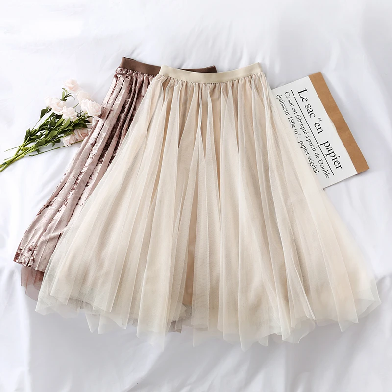 Двусторонняя сетчатая юбка средней длины с высокой талией Женская винтажная плиссированная юбка из золотого бархата