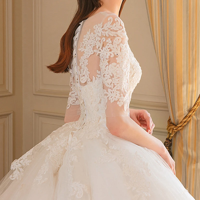 Sexy O Neck Ivory Royal Train Ball Gown Wedding Dress 2021 Luxury Lace Half Sleeve Lace Up Princess Wedding Gowns