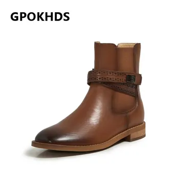

GPOKHDS 2021 women Ankle boots Cow leather Winter short plush Round Toe Metal Decoration Low heels female Chelsea boots size 39