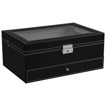 

12 Slot Lockable Watch Storage Boxes Jewelry Display Drawer Case 2-Tier Organizer Watch Showcase with Glass Lid