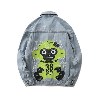 

Harajuku Cartoon Hole Side Striped Denim Coat Men and Women Japanese Washed Oversize Jeans Windbreaker Streewear Bomber jacket