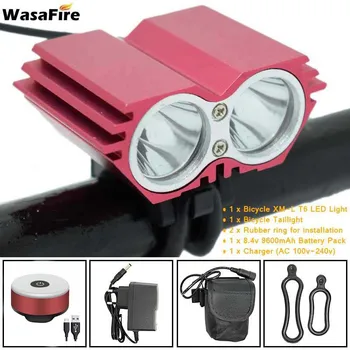 

WasaFire 2*XM-L T6 LED Bike Light Cycling Flashlight 8.4V 18650 Battery Bicycle Front Headlight + USB Safety Warning Back Lamp