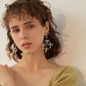 

SuXin Earrings 2020 New Simple Bowknot Tassel Temperament Earrings For Women Long Crystal Pendant Earrings Jewelry Gift