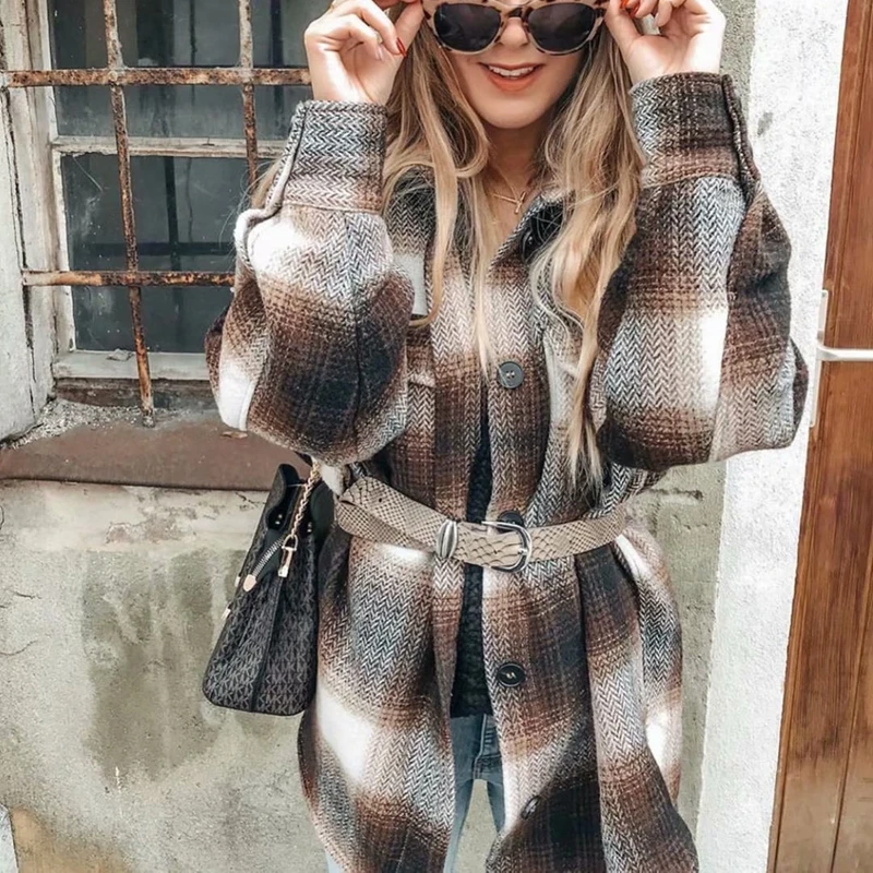 price reduction  Long sleeve coat plaid oversized jacket for winter coats and jackets women loose jacket vintage thi