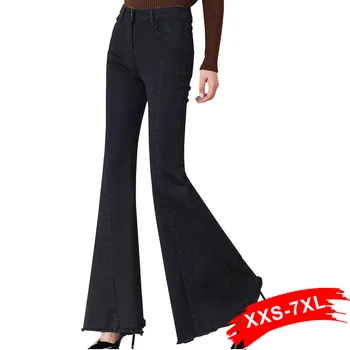 

Plus Size Big Bell-Bottom Stretch Black Denim Long Jeans For Women 5Xl 7Xl Autumn Winter Wide Leg Tassel Skinny Flare Pants
