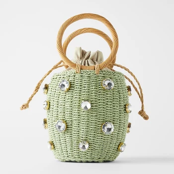 

Handmade Straw Buckets Bag For Women Designer Diamonds Wicker Woven Women Handbags Rattan Summer Beach Straw Bag Lady Large Tote