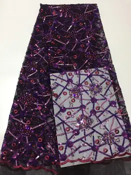 

African Lace Purple Gold Sequins Embroidery Textile Lace Fabric High Quality Sequins French Tulle Lace Fabric For Wedding Party