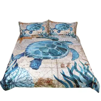 

3 Pcs Turtle Bedding Teal Turtle Duvet Cover Set Turquoise Ocean Themed Mediterranean Style Design Marine Tortoise Quilt Cover