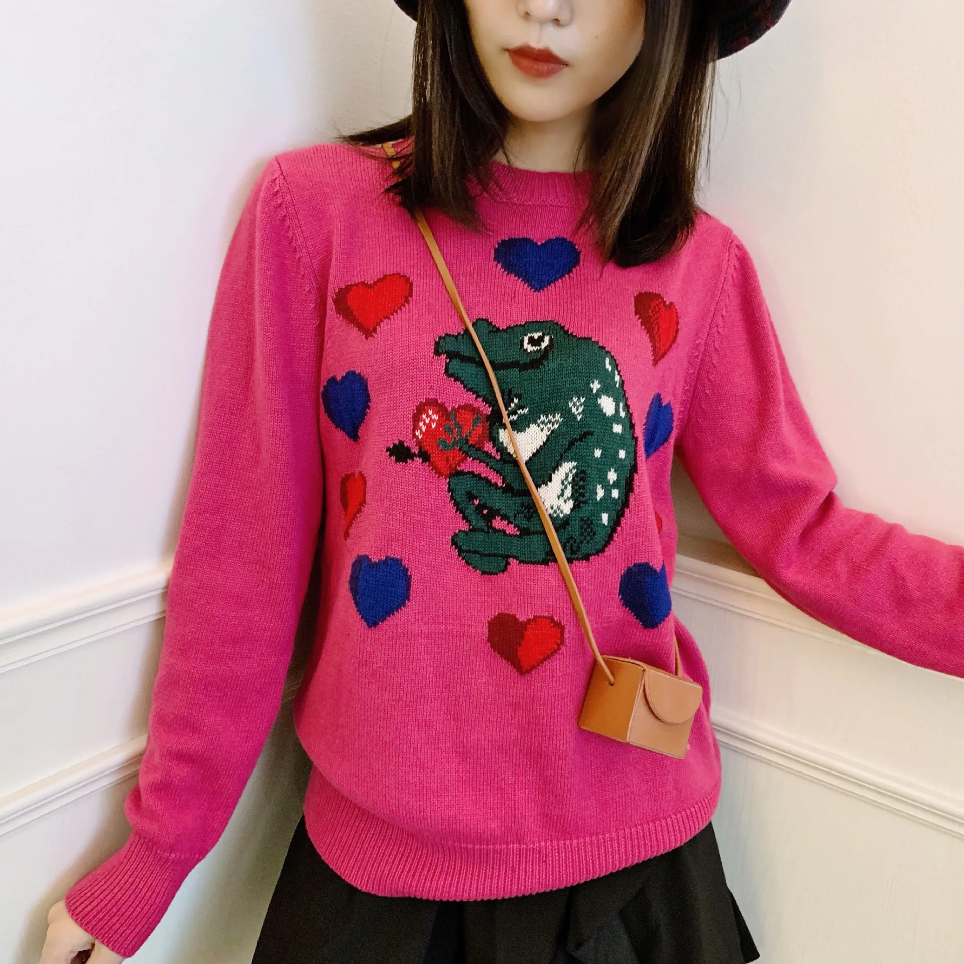 

Cute Knit Sweater Women 2019 Autumn New Sweetheart Love Frog Jacquard Crew Neck Women Sweaters and Pullovers Casual Knitwear