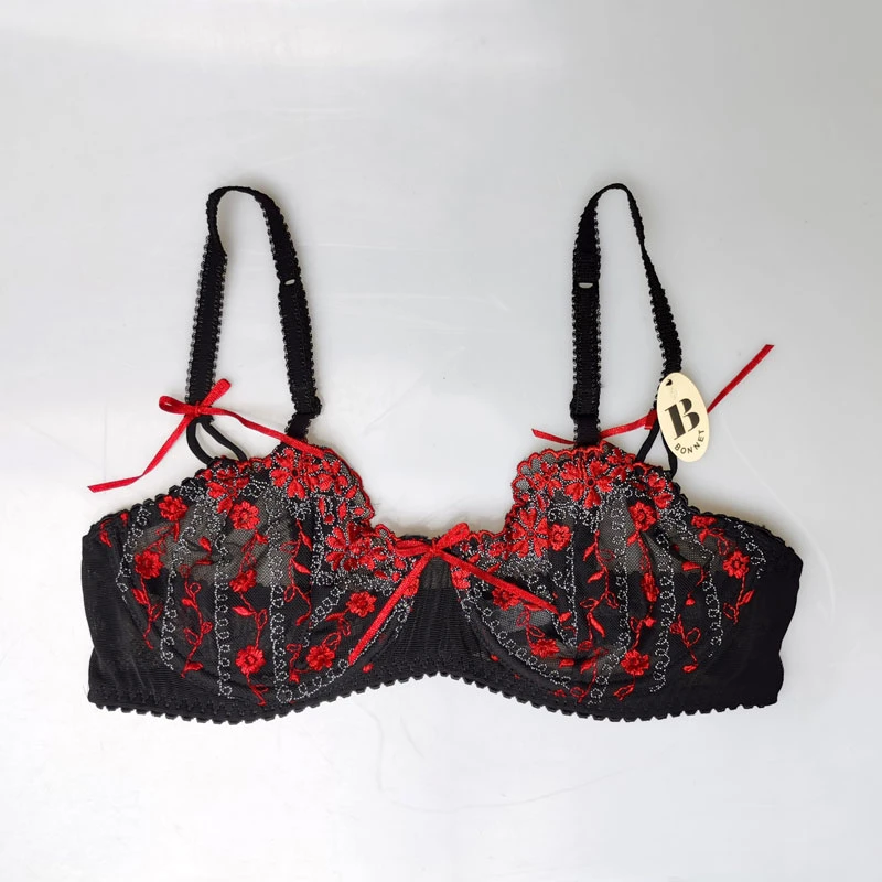 ladies underwear sets Red Black Embroidery Floral Lace Thin Transparent Bowknot Underwire Comfortable Sexy Bra for Women Underwear Gift BRB072 sexy bra panty