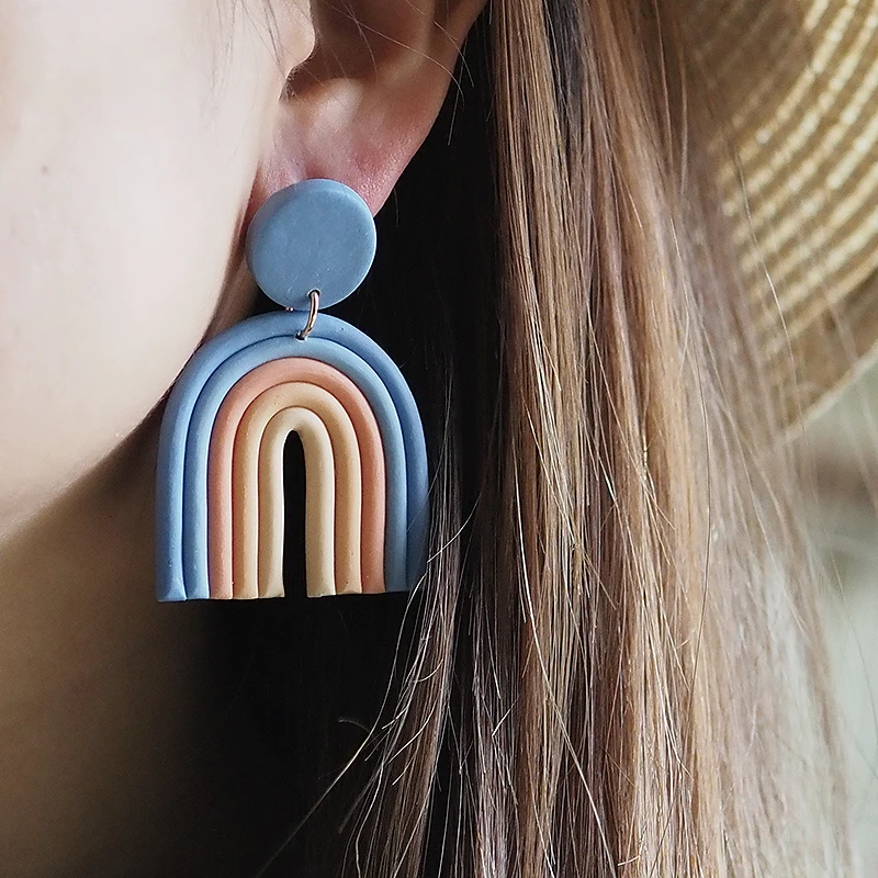 Rainbow Multi Mixed Colors Arch Fashion Jewelry Dangle Big Size Polymer Clay Earrings Sets for Women Trendy Jewelry