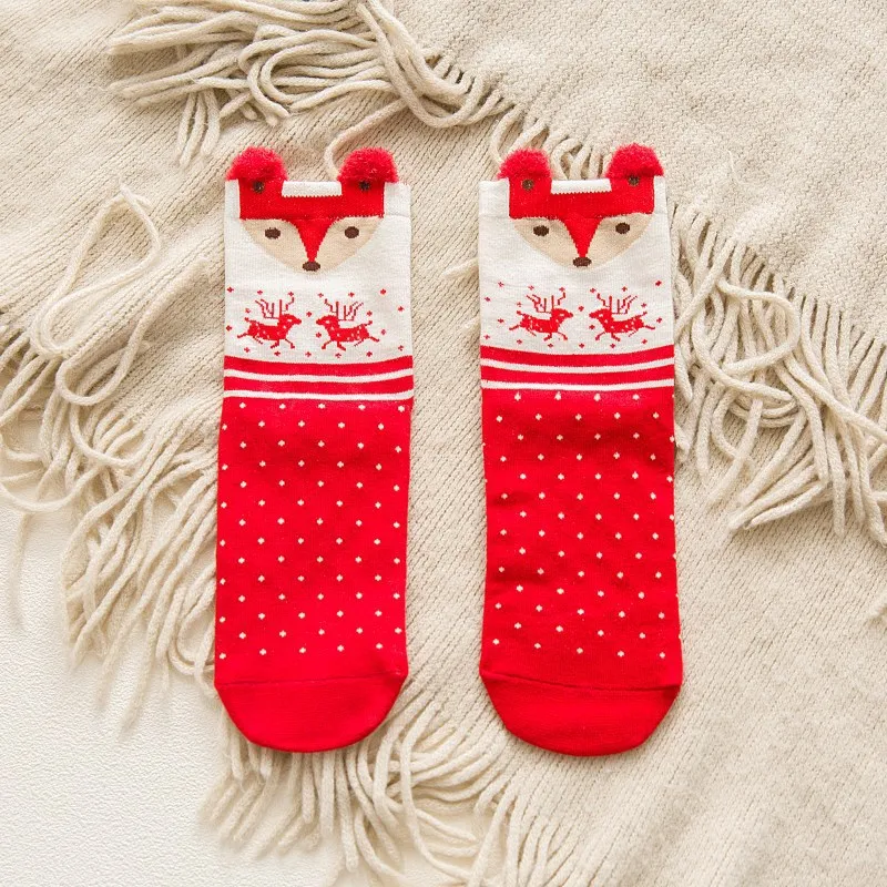 Лидер продаж, 1 пара женских Хлопковых Носков, Рождественские Носки с рисунком Красной собаки, лося, медведя, лисы на весну, осень, зиму, рождественский подарок, милые носки - Цвет: Fox