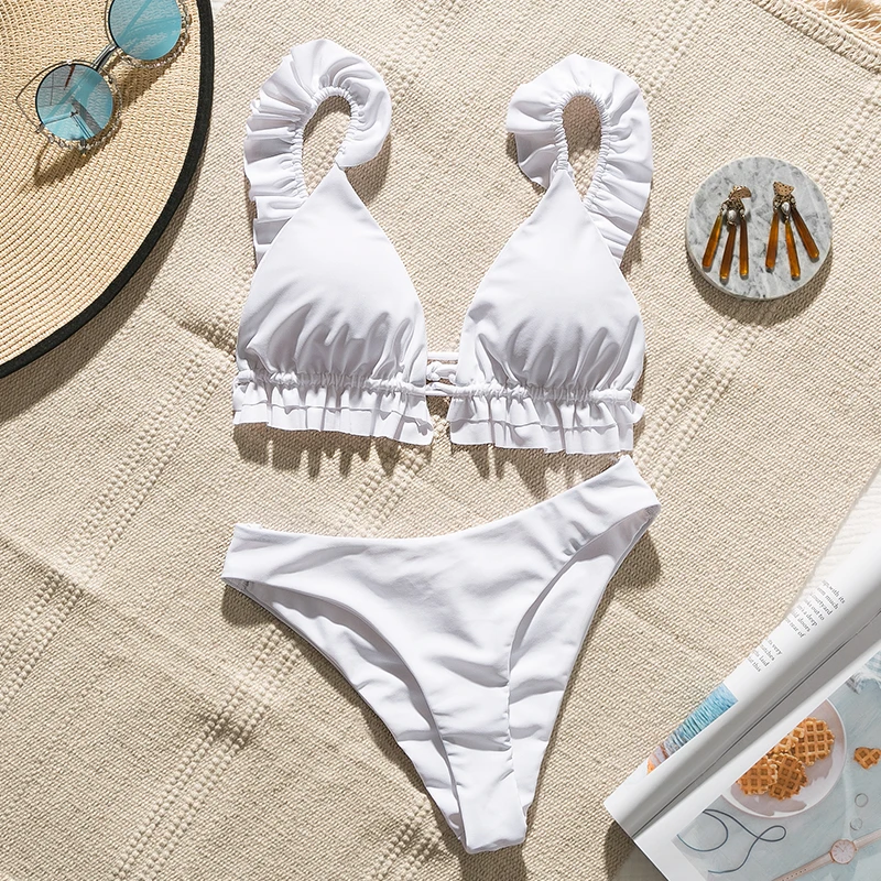 Женский треугольный купальник Bikinx белый с пуш апом и оборками лето 2019|Купальники