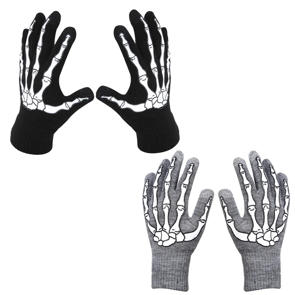 Besegad 2 пары унисекс перчатки со скелетом зимние теплые перчатки с сенсорным экраном для взрослых костюм для косплея на Хеллоуин аксессуары - Цвет: Kids Black Grey