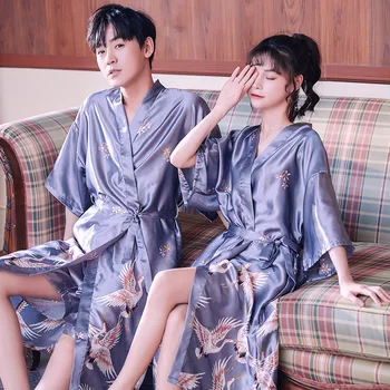 

2020 Lady Autumn Imitation Silk Printing Pajamas Suit Crane Sexy Morning Robe