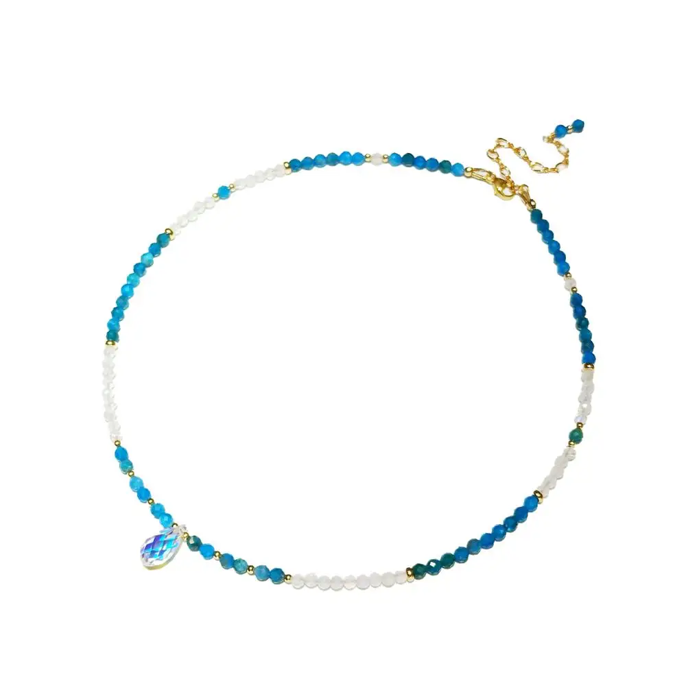 

Lii Ji Blue Apatite Moonstone Natural Stone With Austrian Crystal Drop Beads Necklace American 14K Gold Filled Necklace 37+5cm