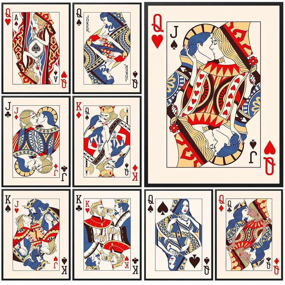 Vintage Poker King Queen Speelkaarten Muur Kunst Canvas Schilderij Liefde  Kus Muur Foto 'S Voor Woonkamer Nordic Poster Unframed - AliExpress, image size:960x960