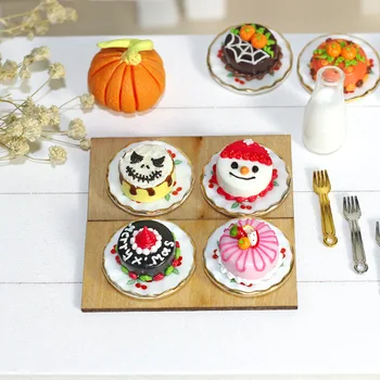 

3 Sets Mini Halloween Christmas Fruit Cake WIth Plate 1/12 Miniature Dollhouse Fake Food For Dolls Accessories Kitchen Play Toys