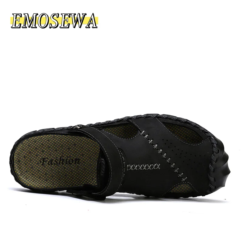 EMOSEWA Brand Summer Man Beach Cork Slippers Casual Men Buckle Genuine Leather Cut-outs Clogs Slides Slip on Shoes Plus 38-48