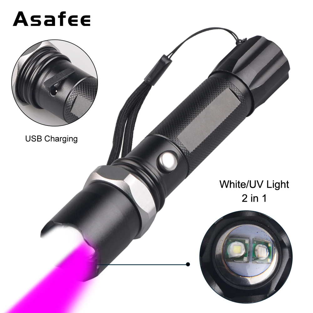 

2in1 395nm UV Led Torch flashlight Linternas Rechargeable XPE LED Flashlight Portable UV Light For Urine Detector Catch Scorpion