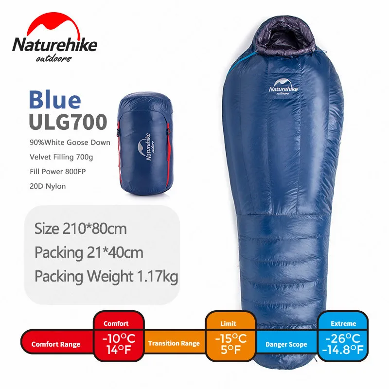 Naturehike Sleeping Bag 90% Filled Goose Down Mummy Thicken Windproof Warm Winter Down Sleeping Bag Ultralight 800FP - Цвет: ULG700-Blue