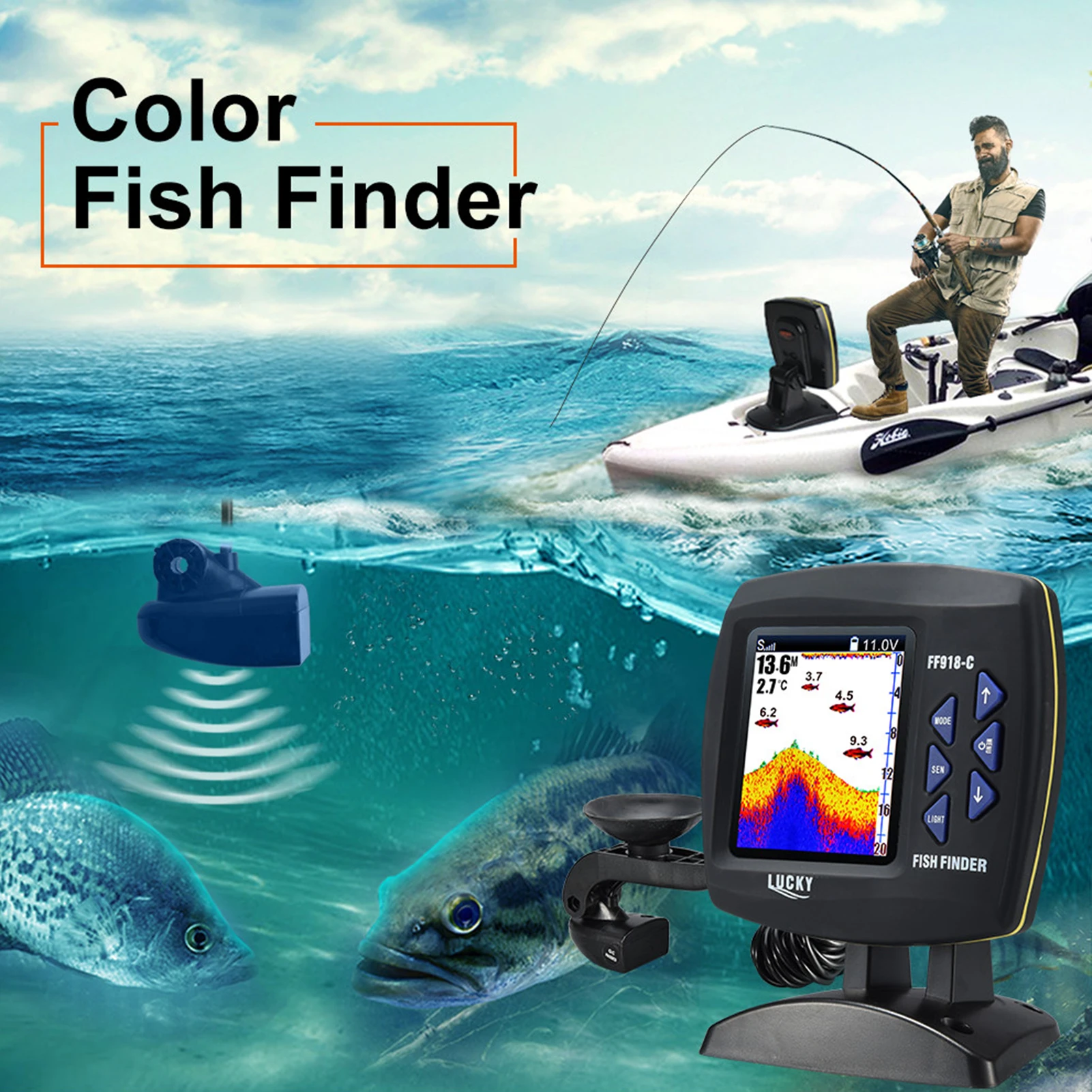 LUCKY Wired Fishing finder 180m / 590ft Depth Sounder Fish Detector F918-C180S Monitor LCD Locator Boat Fishfinder from a boat with fish finder