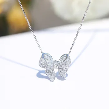 

Romantic Female Clavicle Chain Jewelry 925 Sterling Silver Dazzling AAA Zircon Bowknot Design Necklace for Women Collares Gift