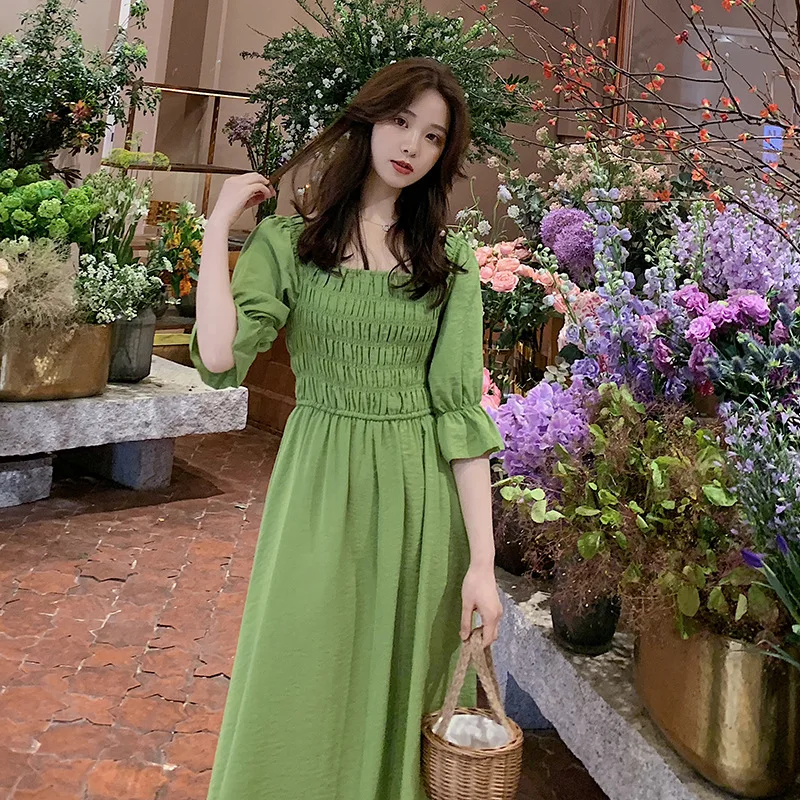 

2019 Summer New Style INS Waist Hugging Mid-length Bell Sleeve Square Collar Green Hipster Dress Women's Beach Skirt