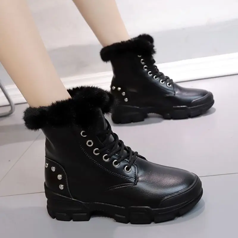 Coolcept Women Ankle Boots Warm Plush With Fur Round Toe Shoes Women Fashion Rivets Cross Strap Casual Winter Boots Size 35-40