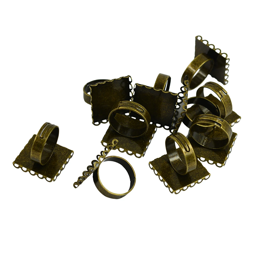 10 Pack Adjustable Ring Blanks, Cabochon Rings Settings, 20mm Square Rings Bezels fit 20mm Flatback Glass Gemstone Bead Cameo