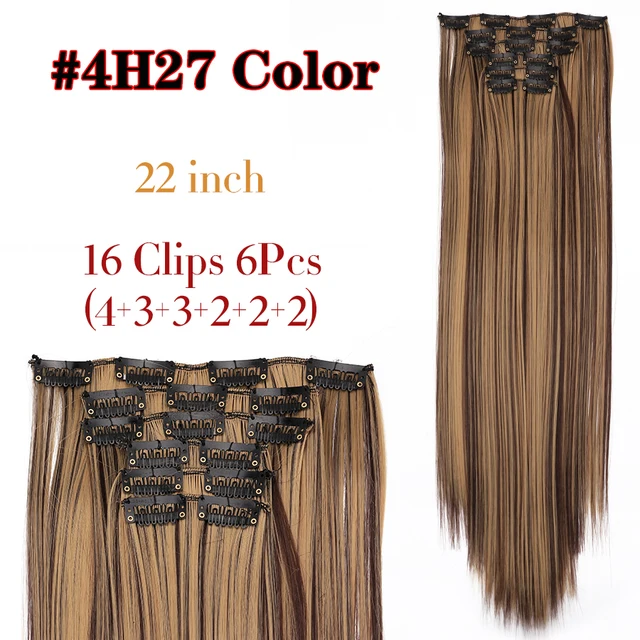 Synthetic 6H/613# Clip In On Hair Extensions 6Pcs/Set 16 Clips Hair Extension Full Head 55Cm Straight Synthetic Fiber Hairpieces 4H27