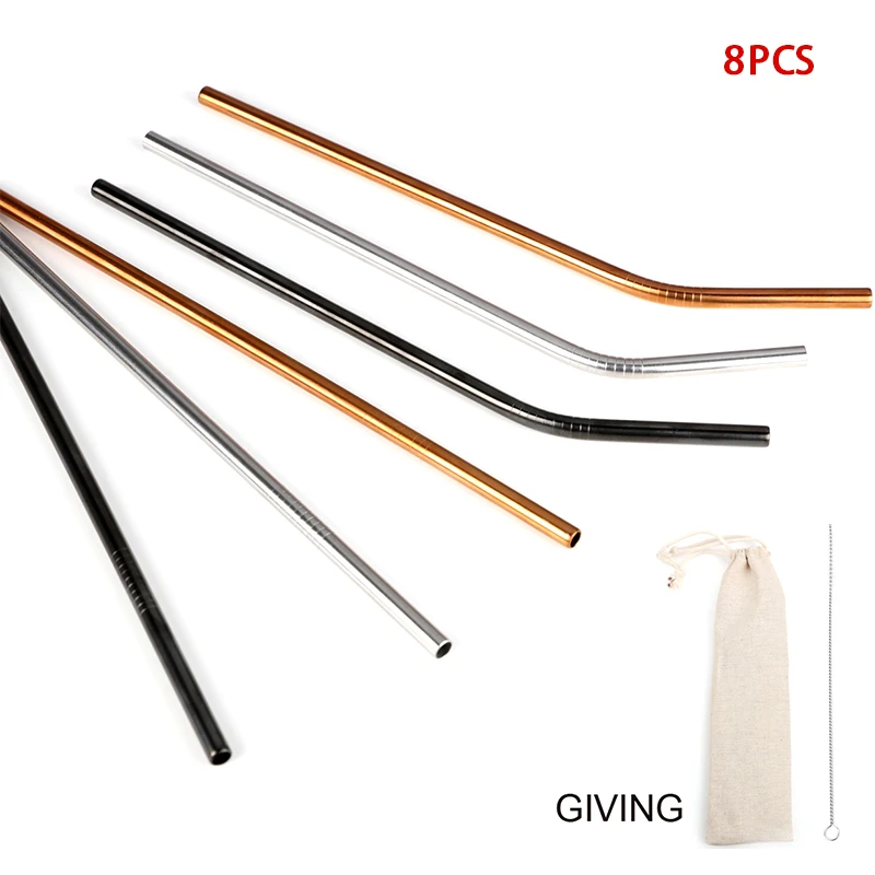 

8pcs/set 215mm Straight Tube/bend Tube Reusable Milk Tea Coffee Colored Stainless Steel With Travel Bag Eco Friendly Metal Straw