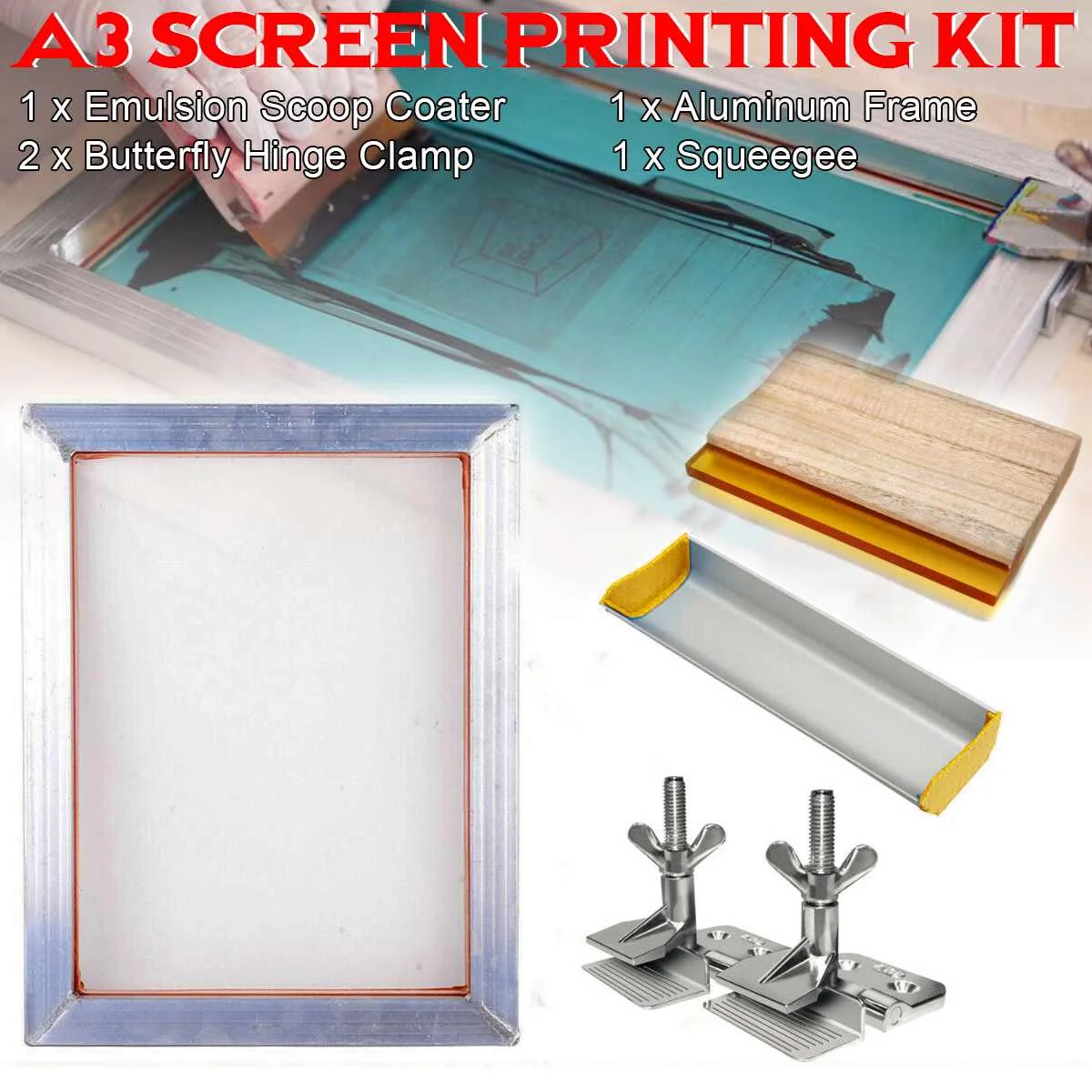 

NEW 5Pcs/Set A3 Screen Printing Kit Aluminum Frame + Hinge Clamp + Emulsion Scoop Coater + Squeegee Screen Printing Tool Parts