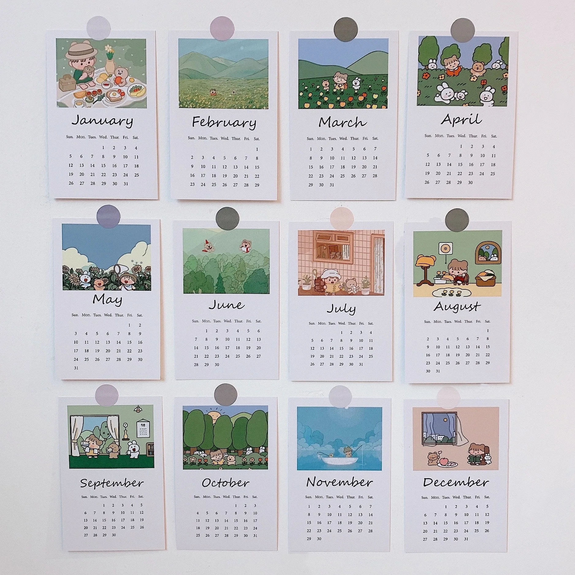 

12 Pc Forest Girl Calendar Card Concise Background Metope Decorative Card Cartoon Decoration Painting Photograph Prop Stationery