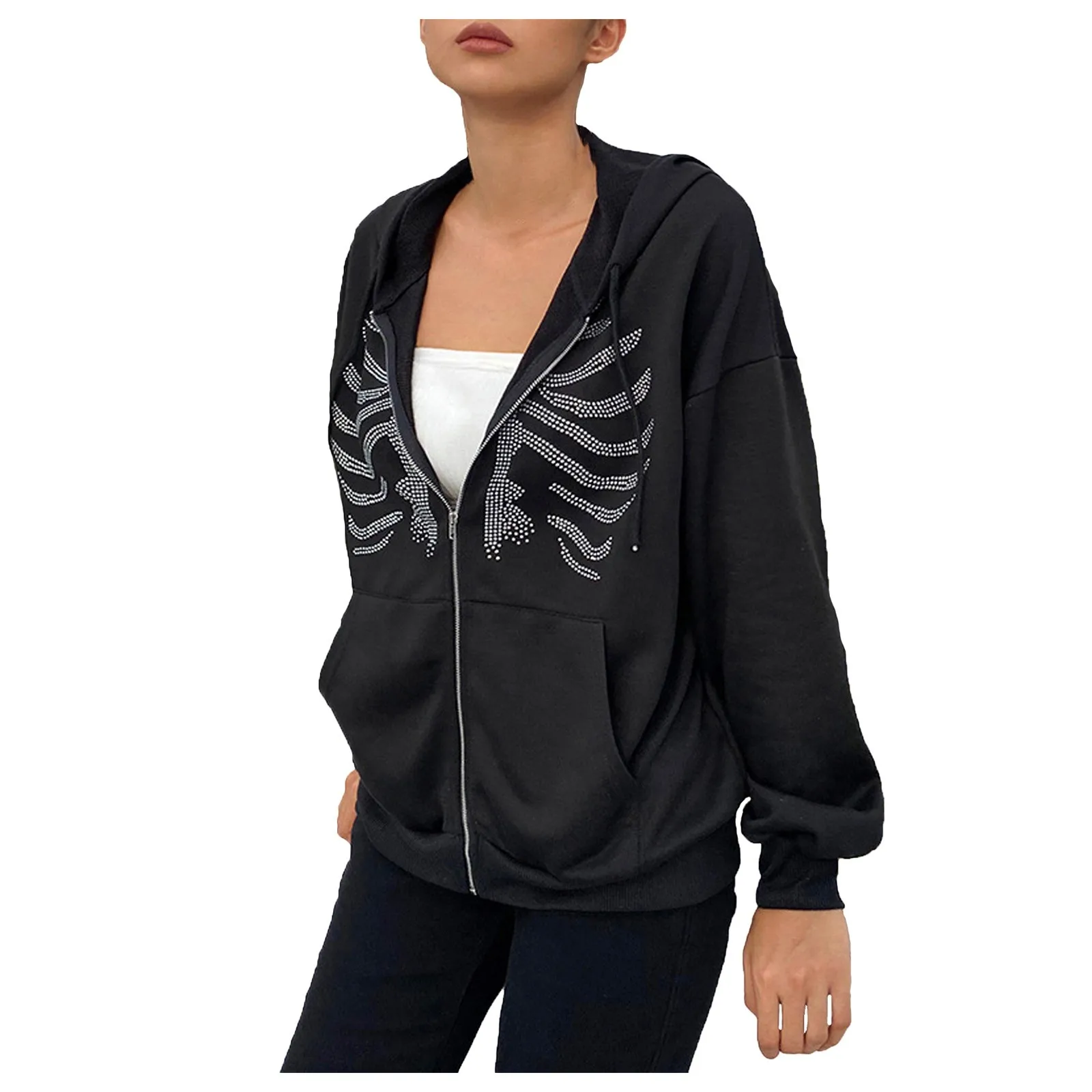 Harajuku Rhinestone Skeleton Printed Sweatshirt Jackets Oversized Long Sleeve Pullovers Top Autumn Female Hooded Sweatshirts 2