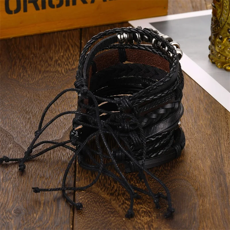 Fashion 6Pcs Set Gothic Punk Skull Star Metal Multilayer Leather Bracelet Men Bracelets & Bangles - Image 5