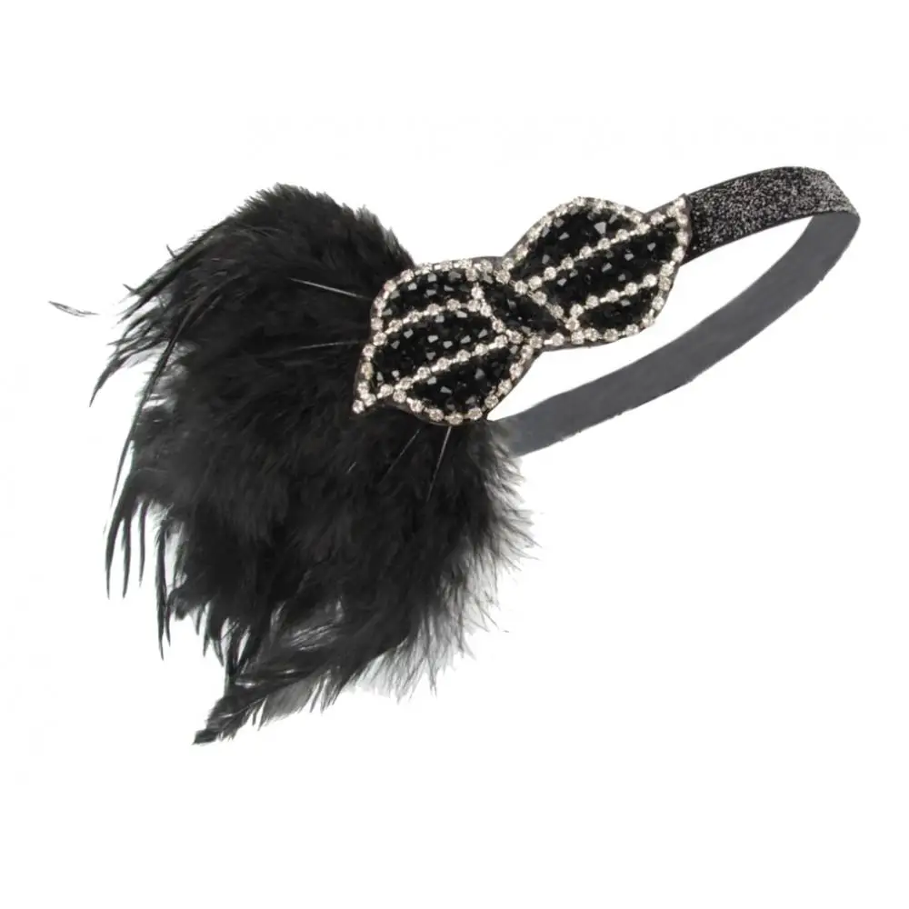 Women's Vintage Feather Headband, Black Rhinestone 20s Flapper Headband - Roaring 1920s Headpiece - Elastic Band