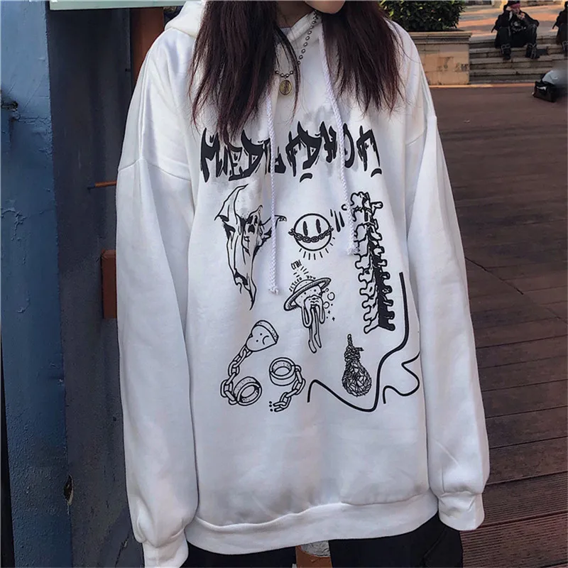Harajuku Свободные женские Флисовые толстовки пуловер с надписью граффити Для женщин на флисе с капюшоном; Свитшот осень дамские свитшоты Топы