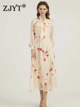 

2022 New Fashion Runway Spring Women's Floral Print Chiffon Maxi Dress Lantern Sleeve Vacation Party Vestidos Casual Robes Femme