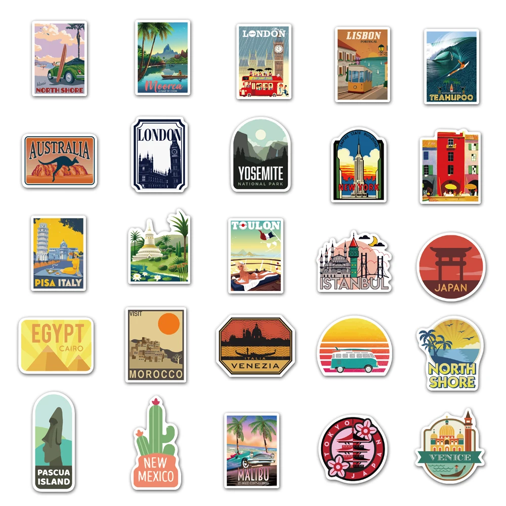 50Pcs World Landscape Country City Travel Waterproof Sticker Bicycle Phone Car Luggage Laptop Motorcycle Suitcase Kid Sticker scenery stickers,decorative stickers