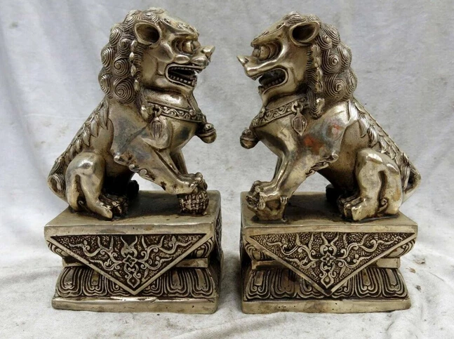 922+++ " Китайский серебряный фэн-шуй городской дом lucky Foo Dogs Лев Пара скульптурные статуи