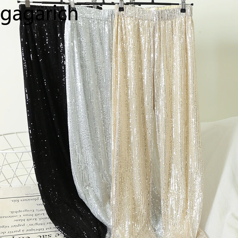 

Gagarich Women Fashion Sequins Long Pants Spring New Loose Empire Waist Straight Wide Leg Pants Femme Solid Shinny Trousers Chic