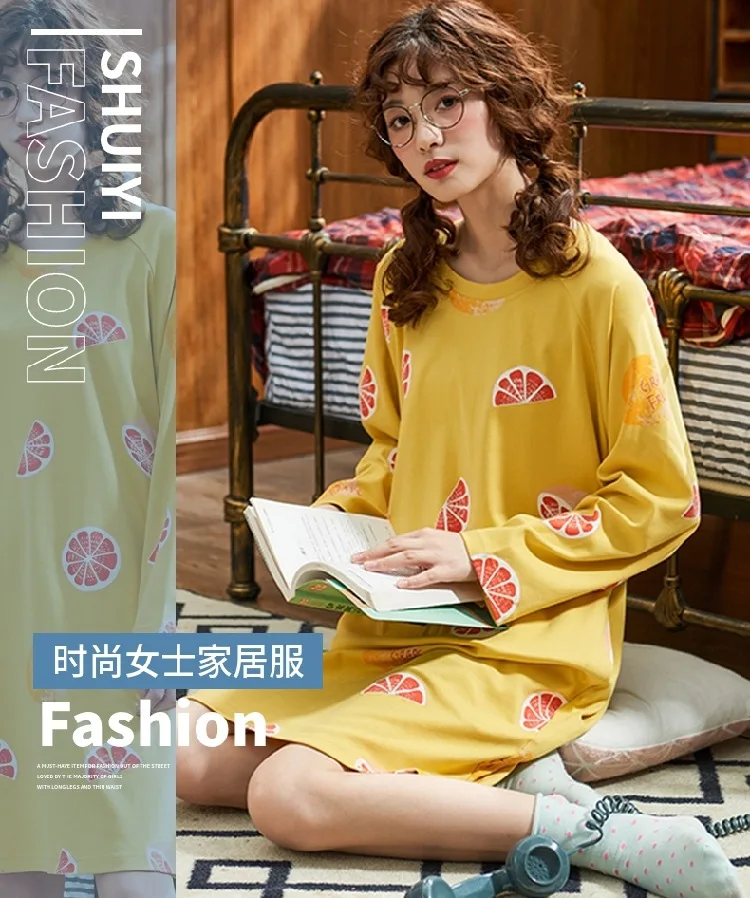 Autumn& Winter Long Sleeve Combed Cotton Women's Nightgown Pullover-Outer Wear Tracksuit Skirt 65/35 Cotton