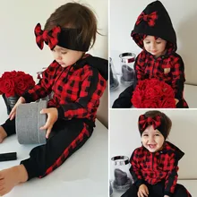 Зимняя одежда для маленьких девочек клетчатое пальто на молнии с капюшоном и длинными рукавами Топы+ длинные штаны+ повязка на голову, комплект одежды из 3 предметов