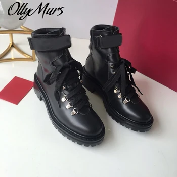 

Ollymurs Genuine Leather Ankle Boots Brands Designer Martens Boots for Women Lace-Up Casual Motorcycle Boots Winter Shoes