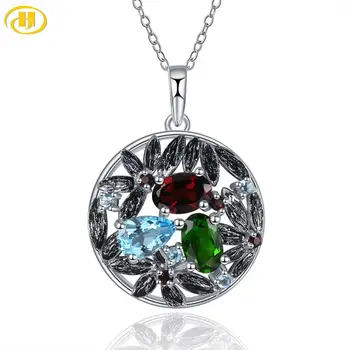 

Hutang 925 Silver Pendant, Natural Gemstone Garnet Blue Topaz Sterling Silver Chain Fine Jewelry for Women, New Arrival