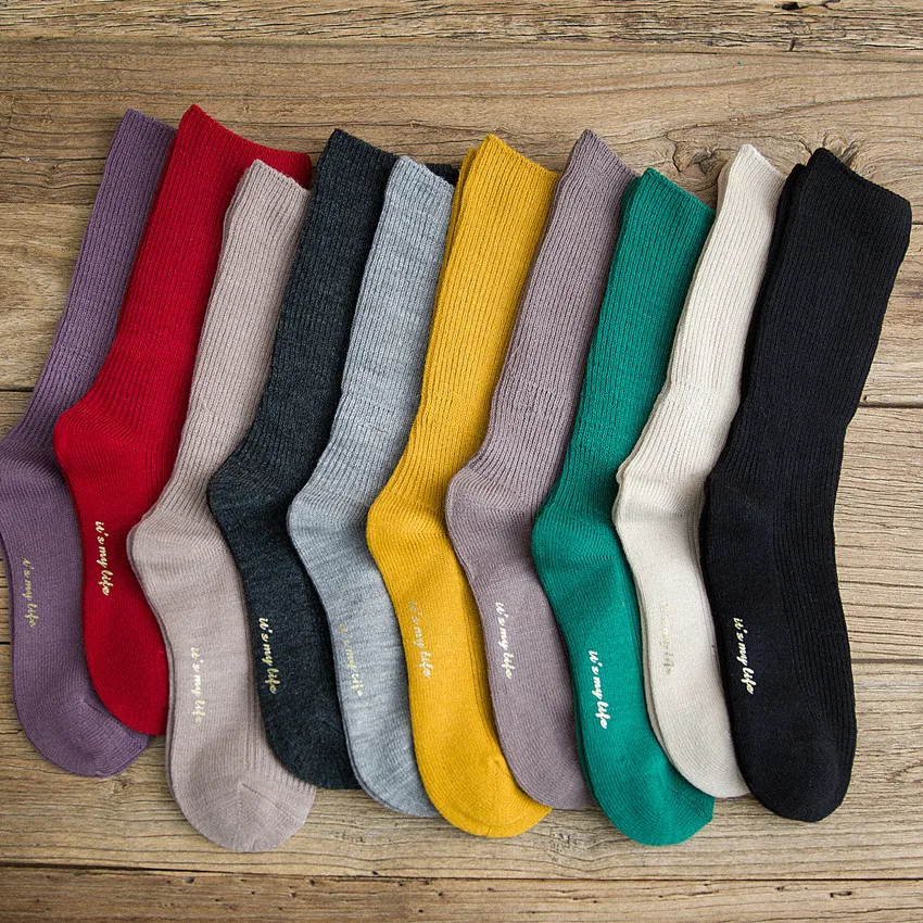 

Autumn and winter socks female thick line classic vertical strip cotton socks school flower goddess long tube candy color socks