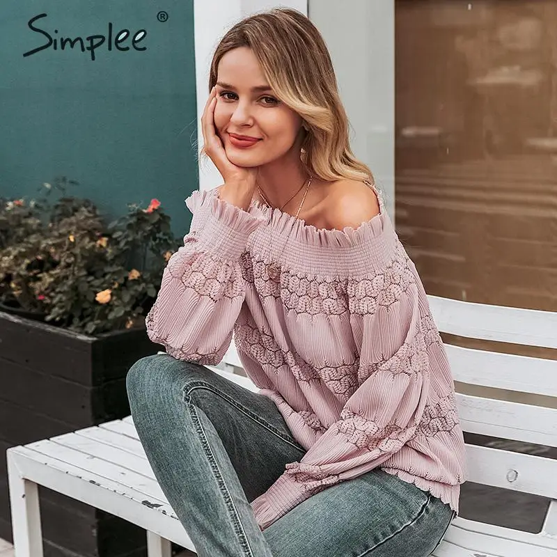  Simplee Ruffled off shoulder women blouse shirt Elegant lace elastic hollow out female tops Autumn 