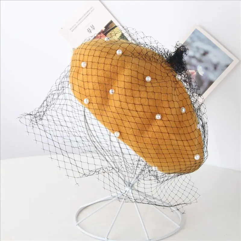 yellow Шерстяной берет, Женская кепка, винтажная, жемчужная, сетчатая, пряжа, шапка для художника, модная, Дамская, одноцветная, береты, шапка s, Ретро стиль, теплые, английские шапки - Цвет: yellow