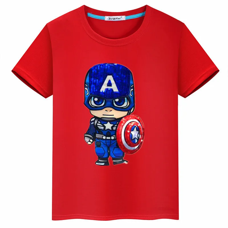 Детская футболка с изображением капитана из мультфильма, расшитая блестками, 3 цвета, с вибрацией и подсветкой хлопковый топ с короткими рукавами для мальчиков